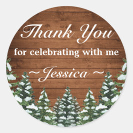 Snowy Wood Forest Country Pine Verjaardag Dank u Ronde Sticker