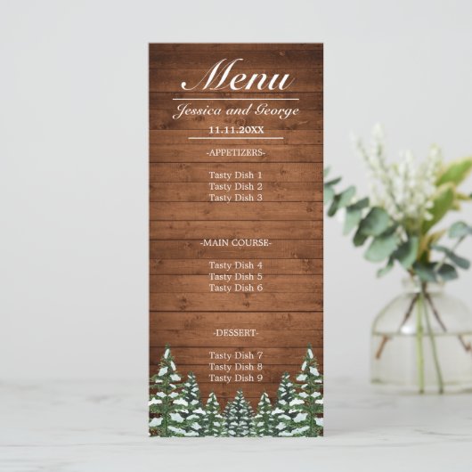 Snowy Wood & Forest Country Pine Wedding Menu (Staand voorkant)