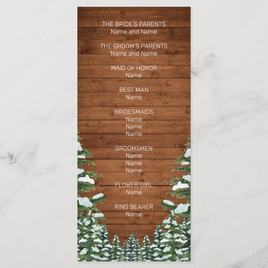 Snowy Wood & Forest Country Pine Wedding Programmakaart (Achterkant)