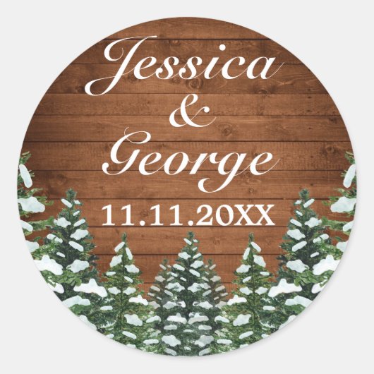 Snowy Wood & Forest Country Pine Wedding Ronde Sticker (Voorkant)