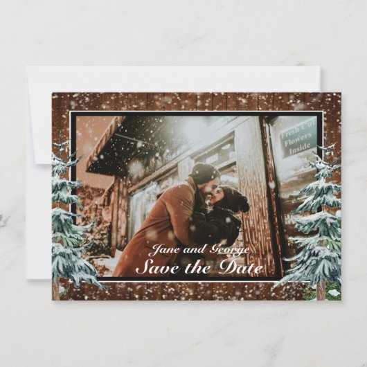 Snowy Wood & Forest Country Pine Weduwfoto Save The Date (Voorkant)