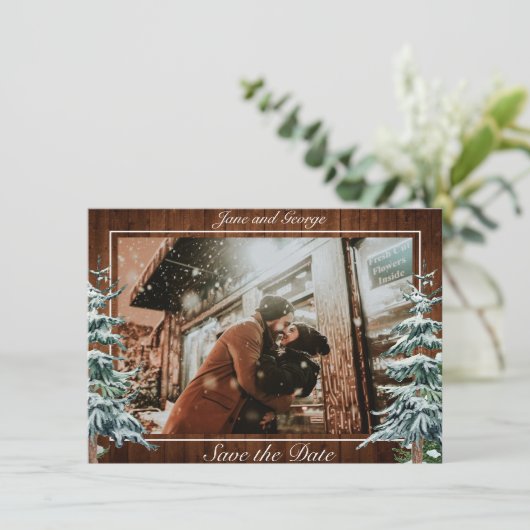 Snowy Wood & Forest Country Pine Weduwfoto Save The Date (Staand voorkant)