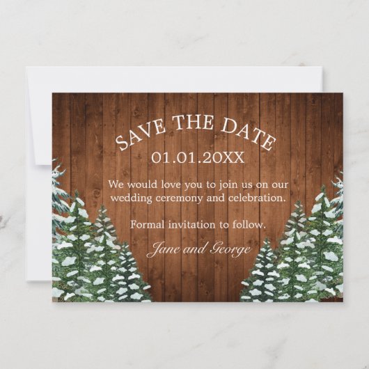 Snowy Wood & Forest Country Pine Weduwfoto Save The Date (Achterkant)