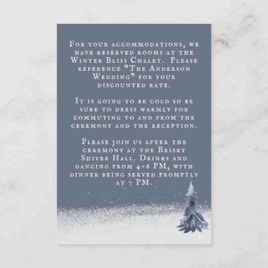Snowy Woodland Forest Dusty Blue Wedding Details Informatiekaartje (Achterkant)