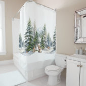 Snowy Woodland Forest rendieren familie Waterverf Douchegordijn (In situ)