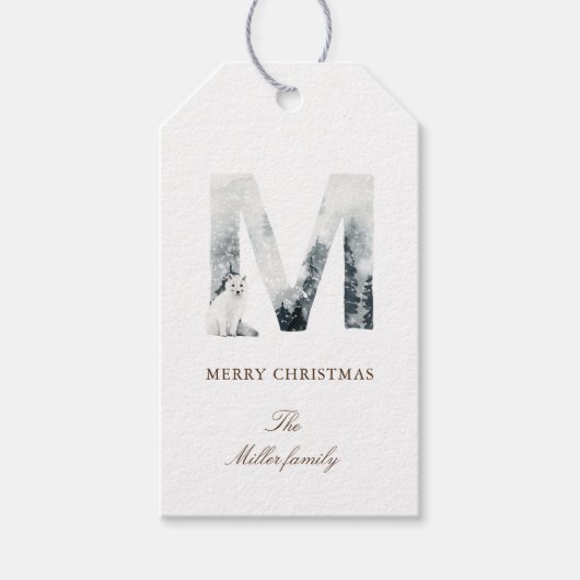 Snowy Woodland Monogram Elegante Vakantie Favoriet Cadeaulabel (Voorkant)