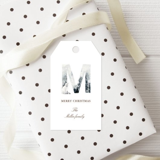 Snowy Woodland Monogram Elegante Vakantie Favoriet Cadeaulabel