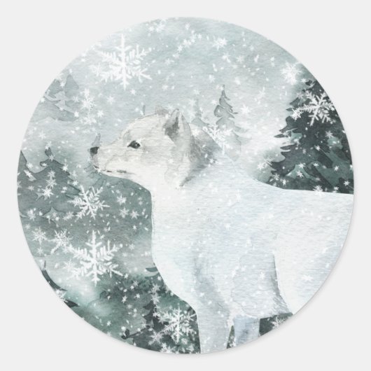 Snowy Woodland Mountain Forest Arctic Fox Ronde Sticker (Voorkant)