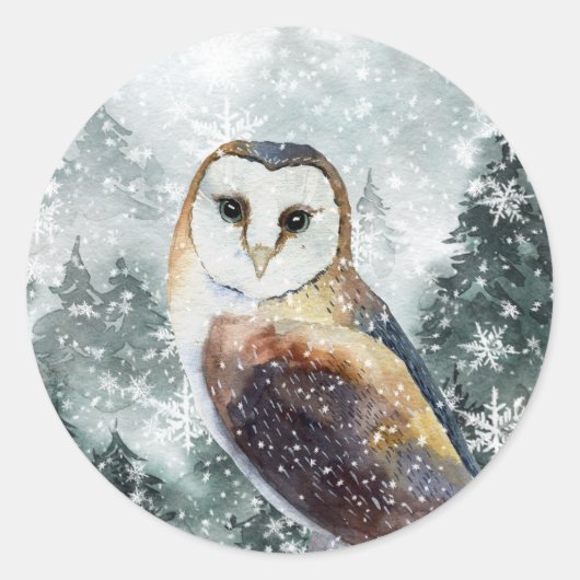 Snowy Woodland Mountain Forest Owl Ronde Sticker (Voorkant)