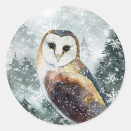Snowy Woodland Mountain Forest Owl Ronde Sticker