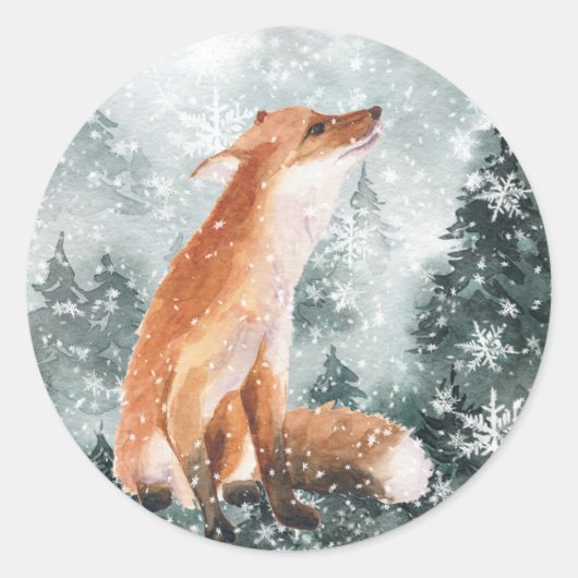 Snowy Woodland Mountain Forest Red Fox 2 Ronde Sticker (Voorkant)