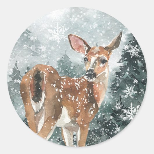 Snowy Woodland Mountain Forest Reindeer Ronde Sticker (Voorkant)