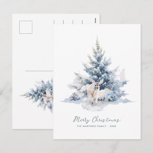 Snowy Woodland Pine Deer Merry Christmas Feestdagenkaart (Voorkant / Achterkant)