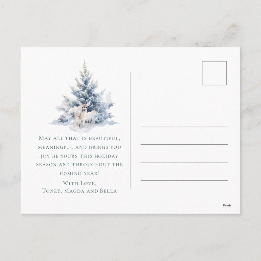 Snowy Woodland Pine Deer Merry Christmas Feestdagenkaart (Achterkant)