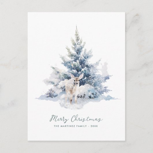 Snowy Woodland Pine Deer Merry Christmas Feestdagenkaart (Voorkant)