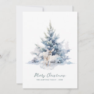 Snowy Woodland Pine Deer Merry Christmas Flat Feestdagenkaart