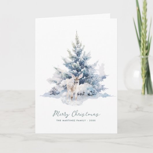 Snowy Woodland Pine Deer Merry Christmas Flat Kaart (Voorkant)