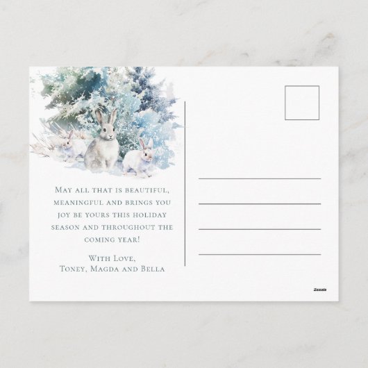 Snowy Woodland Pine Rabbit Merry Christmas Feestdagenkaart (Achterkant)