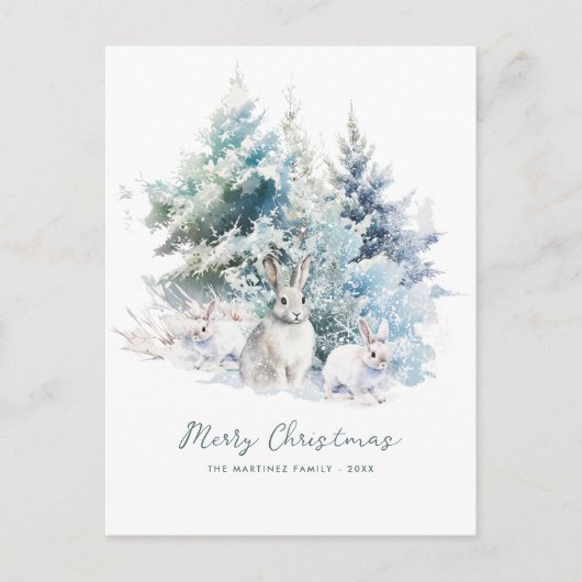 Snowy Woodland Pine Rabbit Merry Christmas Feestdagenkaart (Voorkant)