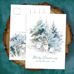 Snowy Woodland Pine Rabbit Merry Christmas Feestdagenkaart<br><div class="desc">Een lieve konijnenfamilie stoomt in besneeuwde winterpijnbomen. Merry Christmas is geschreven in een eenvoudig script hieronder,  met een extra regel volgen om het ontwerp verder aan te passen. Alle tekst op deze kaart kan worden bewerkt. Er is een kerstboodschap voor u om te personaliseren op de rug.</div>