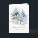 Snowy Woodland Pine Rabbit Merry Christmas Folded Kaart<br><div class="desc">Een lieve konijnenfamilie stoomt in besneeuwde winterpijnbomen. Merry Christmas is geschreven in een eenvoudig script hieronder,  met een extra regel volgen om het ontwerp verder aan te passen. Alle tekst op deze kaart kan worden bewerkt. Er is een kerstboodschap voor u om te personaliseren op de rug.</div>
