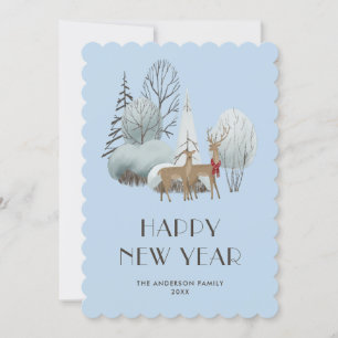 Snowy Woodland Reindeer Blue Happy New Year Kaart