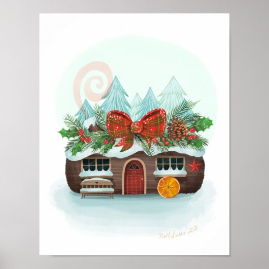 Snowy Yule Log Cabin Art Print (Voorkant)
