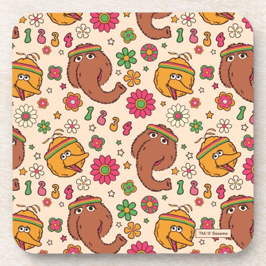 Snuffleupagus en Big Bird Groovy Flower Pattern Bier Onderzetter (Voorkant)