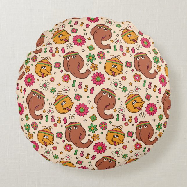 Snuffleupagus en Big Bird Groovy Flower Pattern Rond Kussen (Voorkant)