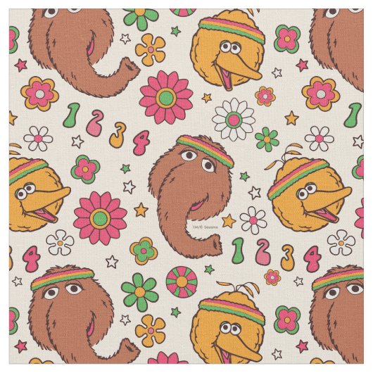 Snuffleupagus en Big Bird Groovy Flower Pattern Stof (Close Up)
