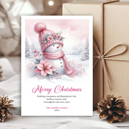 Snug pink snowman kids card digital download edit feestdagenkaart