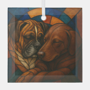 Snuggling Boxer en Chocolate Lab "Glas in lood" Glas Ornament