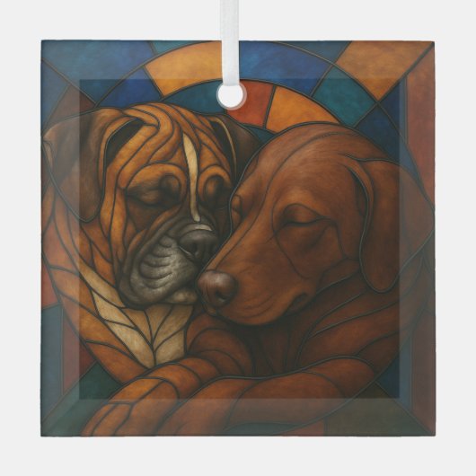 Snuggling Boxer en Chocolate Lab "Glas in lood" Glas Ornament (Voorkant)