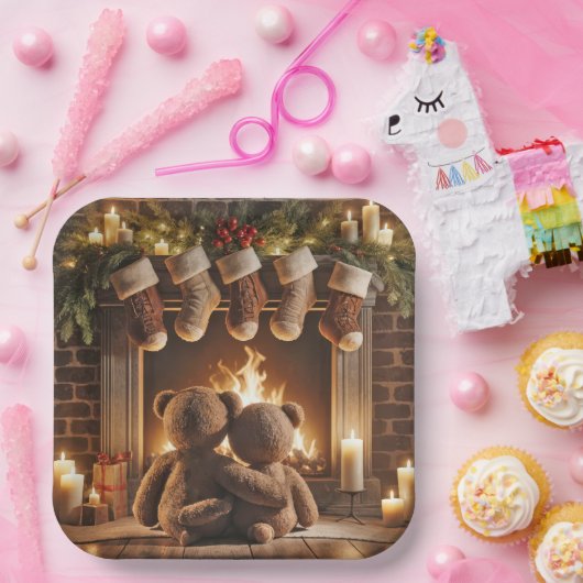 Snuggling Kerstmis Teddy Bears Papieren Bordje (Feest)