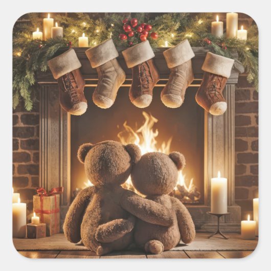 Snuggling Kerstmis Teddy Bears Vierkante Sticker (Voorkant)