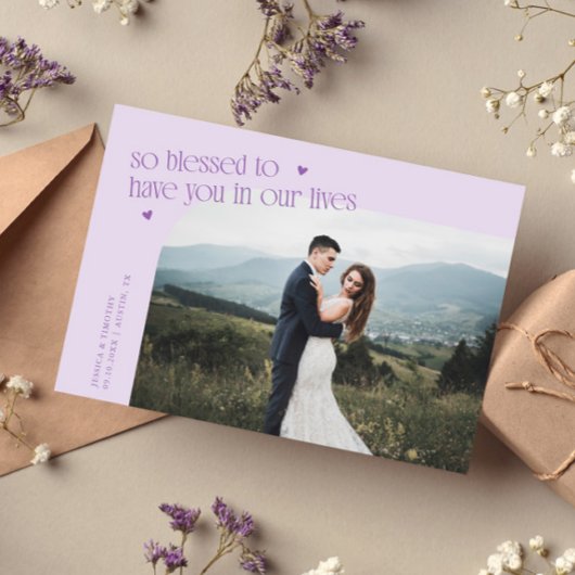So Blessed Lilac Wedding Photo Bedankkaart