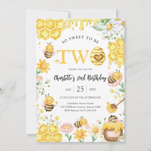 So Sweet To Be Two Honey Bee 2nd Birthday Kaart (Voorkant)