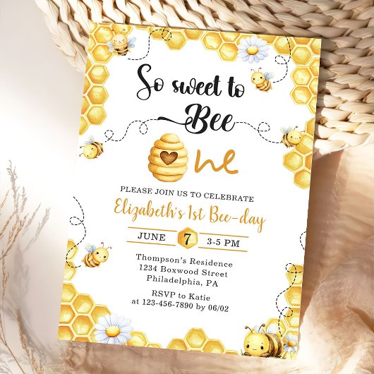 So Sweet To Bee first Birthday Invitation Kaart