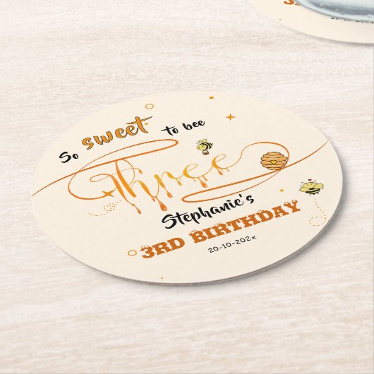 So Sweet To Bee Three Cute Honey Bee 3rd Birthday Ronde Kartonnen Onderzetter (Gebogen)