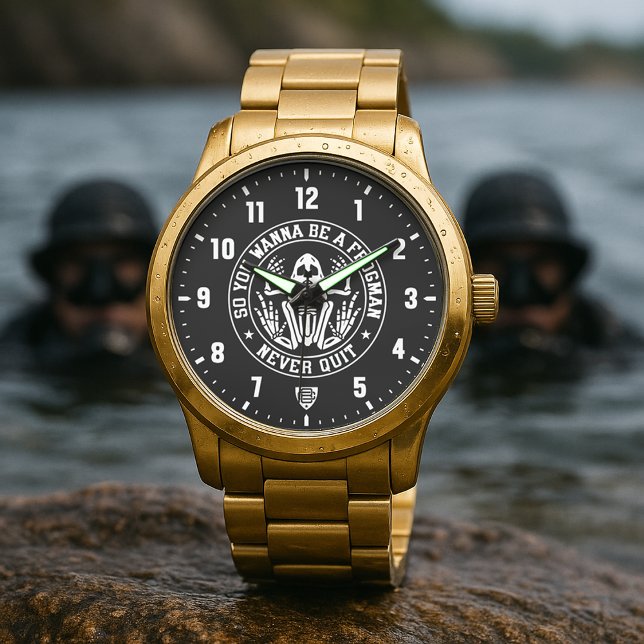 So You Wanna Be A Frogman "NEVER QUIT" Patch Gold Horloge (Wanna Be A Frogman "NEVER QUIT" Gold Stainless Steel Watch)