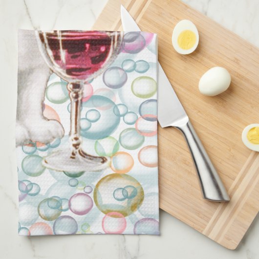 Soapy Bubbles Red Wine Drinker Kitten Tea Towel Theedoek (Quarter Fold)