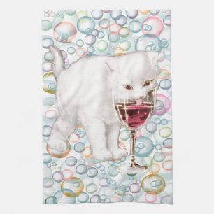 Soapy Bubbles Red Wine Drinker Kitten Tea Towel Theedoek