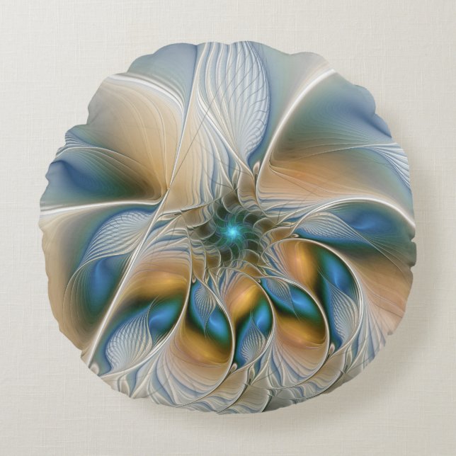 Soaring, Abstract Fantasy Fractal Art With Blue Rond Kussen (Voorkant)