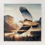 Soaring Bald Eagle Over Mountain Valley Lake Legpuzzel<br><div class="desc">A bald eagle soars gracefully over a picturesque mountainous landscape at sunrise, with a double-exposure effect, and sun rays create a halo around the eagle, adding a sense of majesty</div>