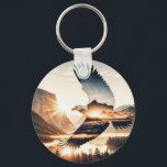 Soaring Bald Eagle Over Mountain Valley Lake Sleutelhanger<br><div class="desc">A bald eagle soars gracefully over a picturesque mountainous landscape at sunrise,  with a double-exposure effect,  and sun rays create a halo around the eagle,  adding a sense of majesty</div>