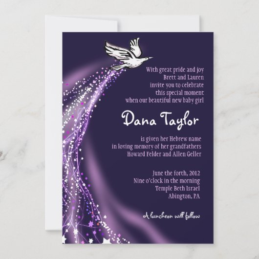 Soaring Dove Jewish Baby Naming Invitation Hebreeu Kaart (Voorkant)