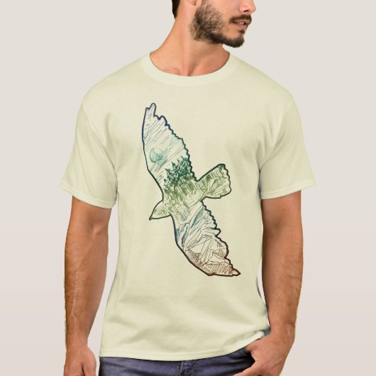 Soaring Hawk Noordelijk Landschap Kleur Lijn Kunst T-shirt (Voorkant)