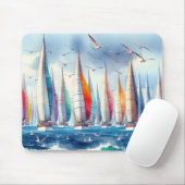 Soaring Seagulls With Sailboat Regatta Muismat (Met muis)