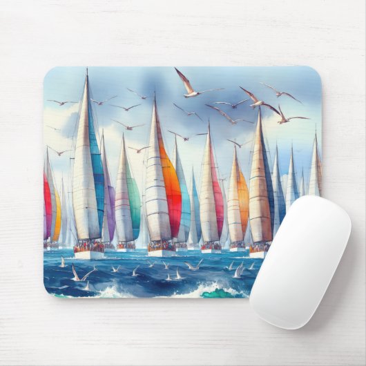 Soaring Seagulls With Sailboat Regatta Muismat (Met muis)