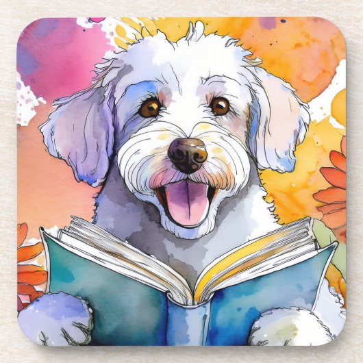 Sober Schnoodle Hond Lezen Grote Boek Herstel Bier Onderzetter (Voorkant)